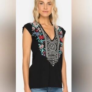 Johnny Was Eliza Black Embroidered Floral Bird Top Cotton Size M